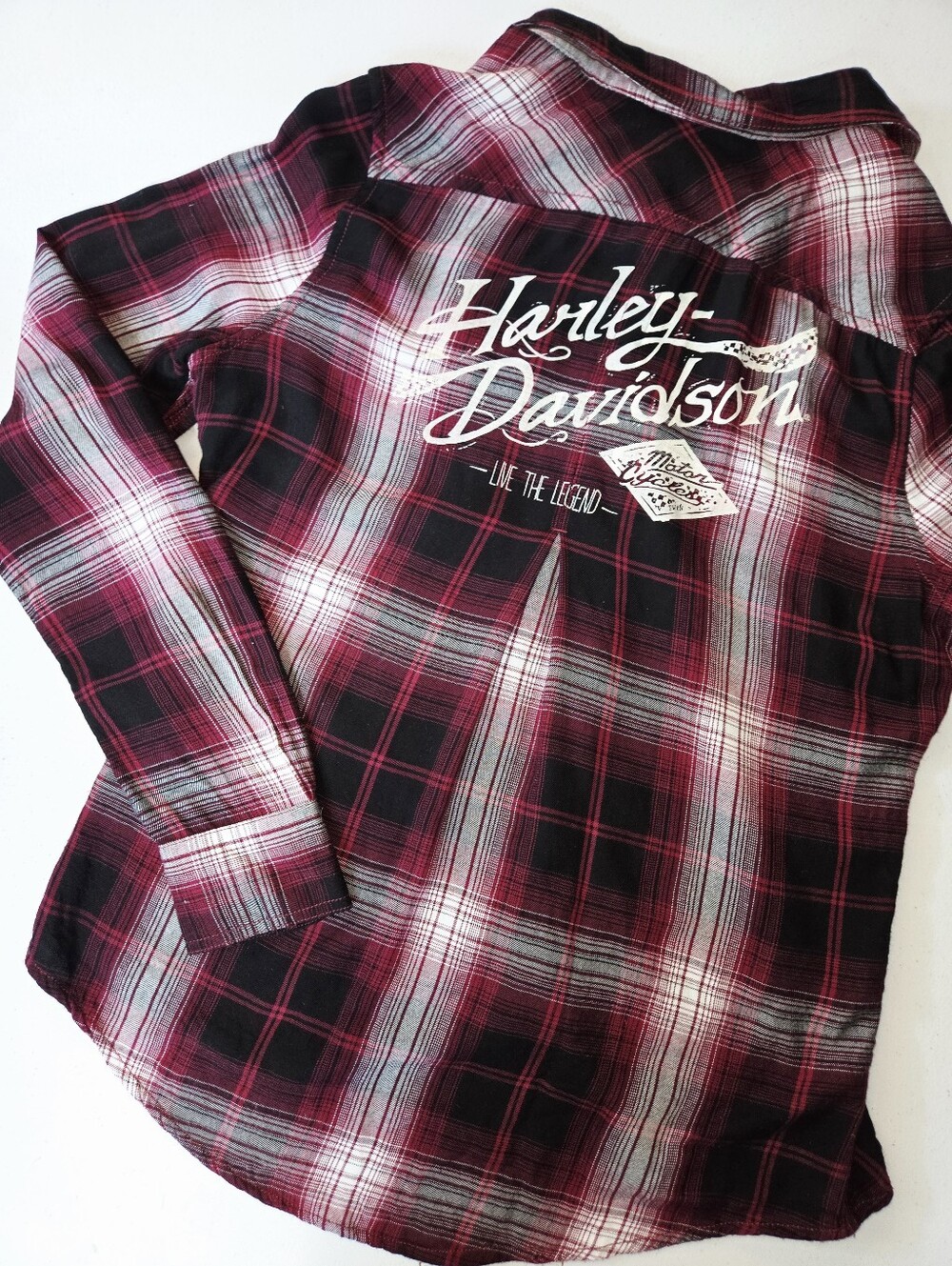 Harley-Davidson plaid flannel in black, pink, and white sz small